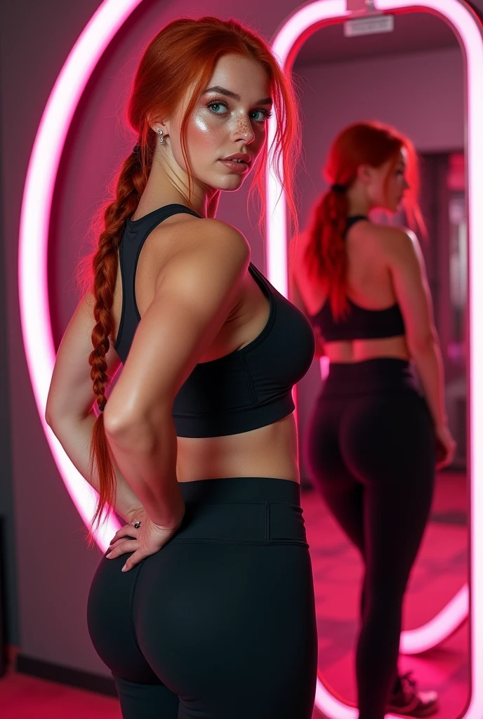 Red-haired woman with freckles on her nose. Sexy woman in sports sexy clothes, sports top, sports leggings. Large breasts, curvy medium shapes and bulging buttocks, 20% body fat. Several views from the front and back. She is wearing sneakers. Two long braids. Emerald green eyes. The photo is taken from the front, the model is standing in front half-turned, High resolution image. Realistic image, sports zas on the right of the mirror in the floor and in the background a neon pink ring, full-length image, super detailed skin. (((best quality))), nsfw --style reality --no nsfw --ar 3:2 --auto --s2 -imagine -