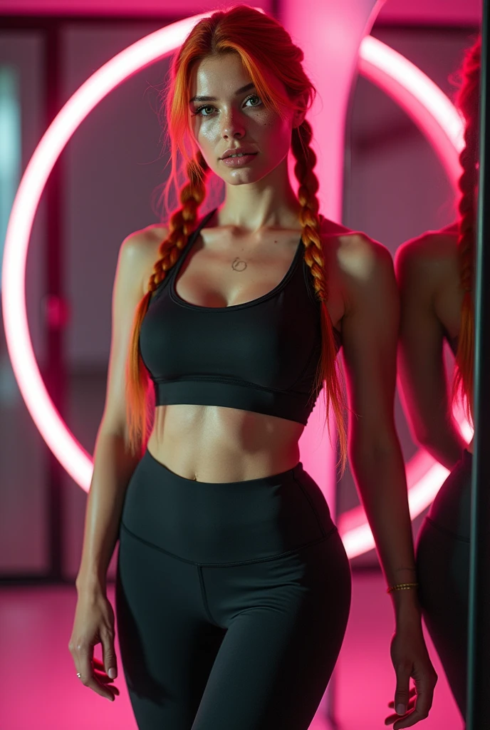 Red-haired woman with freckles on her nose. Sexy woman in sports sexy clothes, sports top, sports leggings. Large breasts, curvy medium shapes and bulging buttocks, 20% body fat. Several views from the front and back. She is wearing sneakers. Two long braids. Emerald green eyes. The photo is taken from the front, the model is standing in front half-turned, High resolution image. Realistic image, sports zas on the right of the mirror in the floor and in the background a neon pink ring, full-length image, super detailed skin. (((best quality))), nsfw --style reality --no nsfw --ar 3:2 --auto --s2 -imagine -