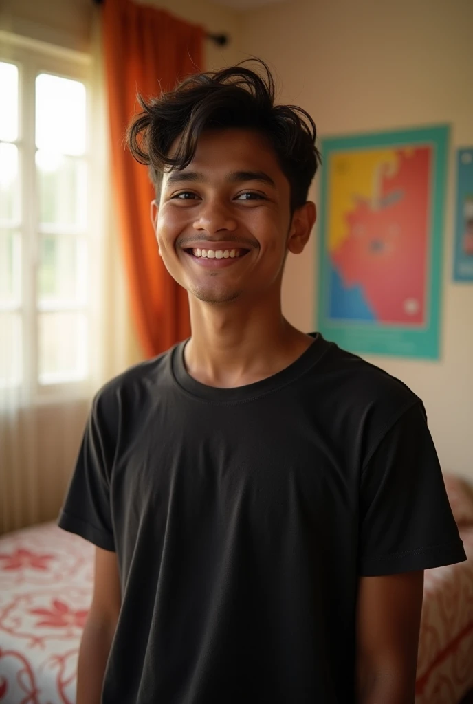 A cute 20 years old indian boy taking selfie in room , simple pose , rough dry face skin , full body view , black tshirt 