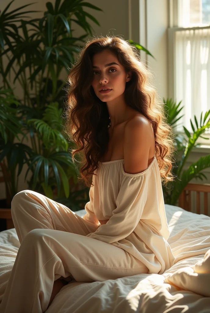(photorealism:1.2), beautiful woman, sitting on bed, wearing loose off-shoulder top, pajama pants, long curly hair, indoors, soft lighting, plants in background, window with sunlight, cozy room, relaxed pose, realistic, intricate details, warm colors, by Greg Rutkowski, by Alphonse Mucha