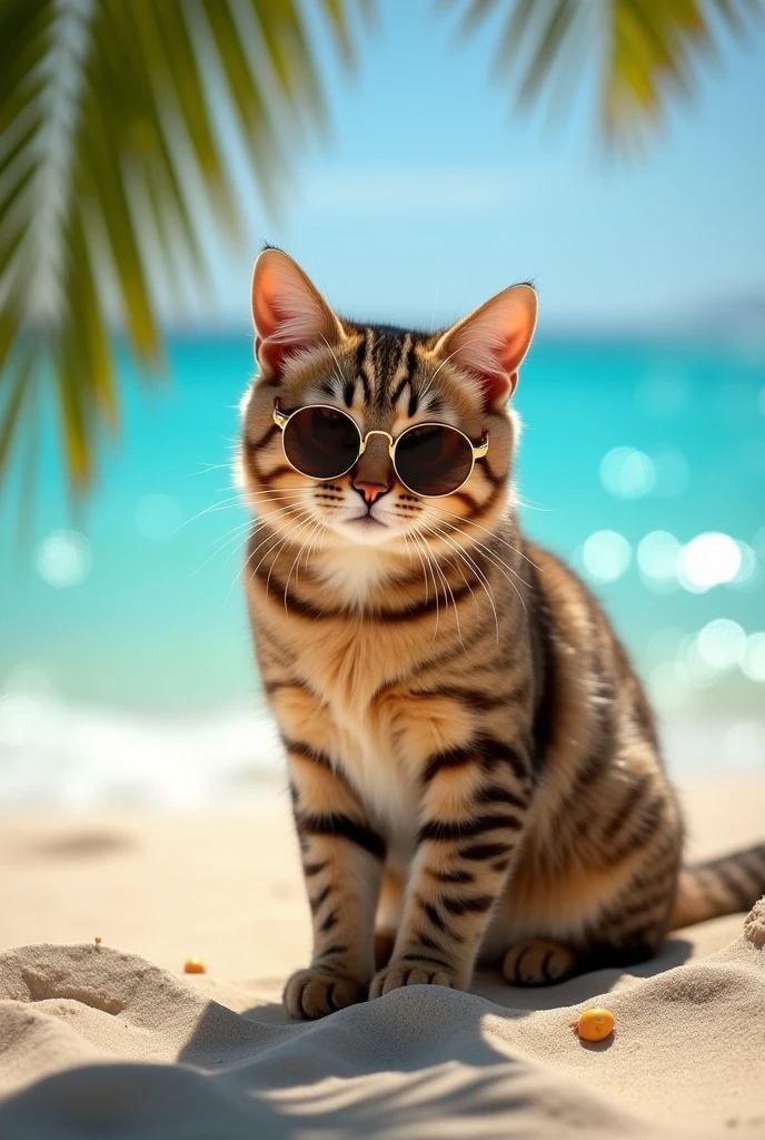 Voici une description pour une image générée :
Un chat tigré foncé à poils courts, avec le torse et les deux pattes avant de couleur blanche. Il est debout en train de siroter un cocktail à la paille. Il porte des lunettes de soleil de style star, reflétant le ciel bleu et la mer turquoise à l'arrière-plan. La mer se trouve sur un sable doré, avec des palmiers et un océan en arrière-plan, renforçant l’ambiance de vacances.