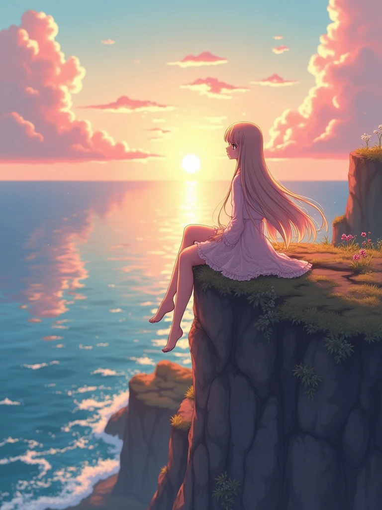 an anime character siting on a cliff watching the sunrise over the sea