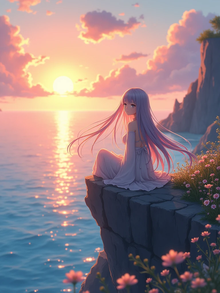 an anime character siting on a cliff watching the sunrise over the sea