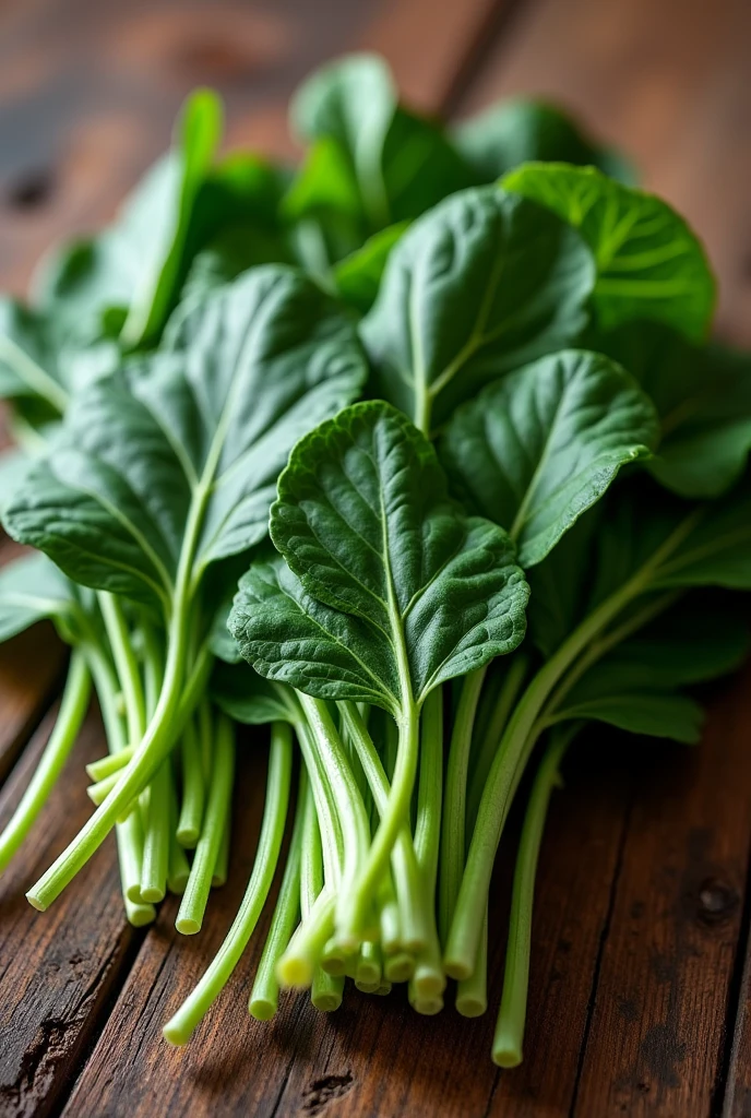 beautifully arranged spinach on a table,delicate stems with tender tips,crisp and fresh,artistic presentation,naturally vibrant colors,(best quality,4k,8k,highres,masterpiece:1.2),ultra-detailed,realistic:1.37,close-up details,textured green shoots,studio lighting,subtle shadows,aesthetic appeal,culinary inspiration,wholesome and healthy,