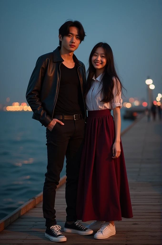 a handsome Korean man with shoulder length hair, wearing a black tank top, leather jacket, long tight jeans and sneakers, standing on a wooden
pier at night, with a beautiful woman with long black hair, wearing a long shirt dress with Peterpan Collar style neckline, long maroon mullet skirt, sneakers, with a beautiful view at night, calm sea water and from a distance the sparkling city lights at night, realistic, cinematic, photographic, Smilling at camera
