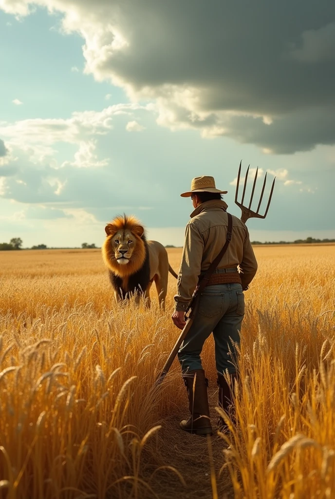 Suddenly the farmer saw a lion and got scared