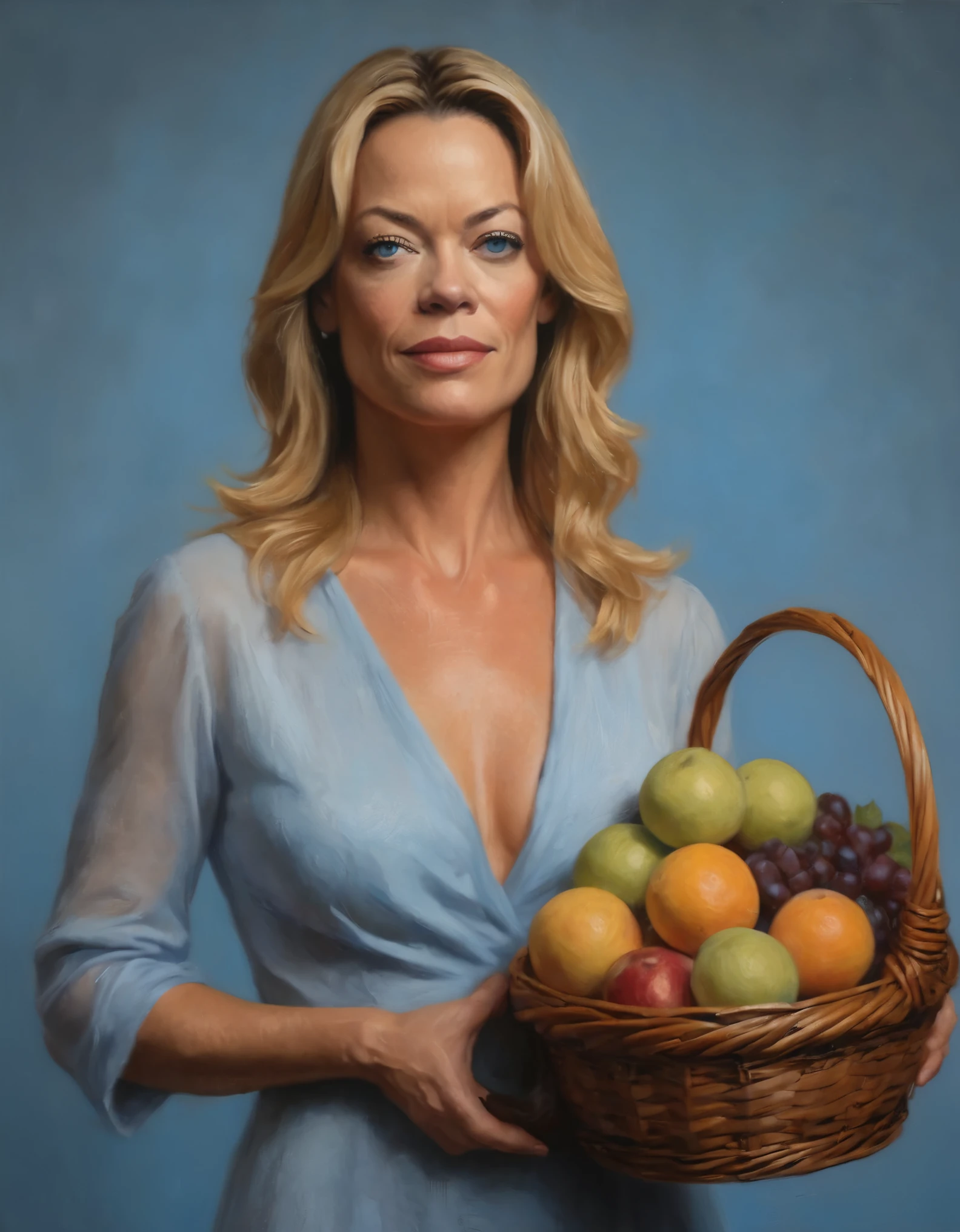 a nude portrait of Jerri Ryan holding a fruit basket,Michaelangelo style,light blue background,hyper realistic,oil painting,dramatic lighting,chiaroscuro,photorealistic,extremely detailed face and body,high quality,intricate details,sharp focus,vibrant colors,masterpiece