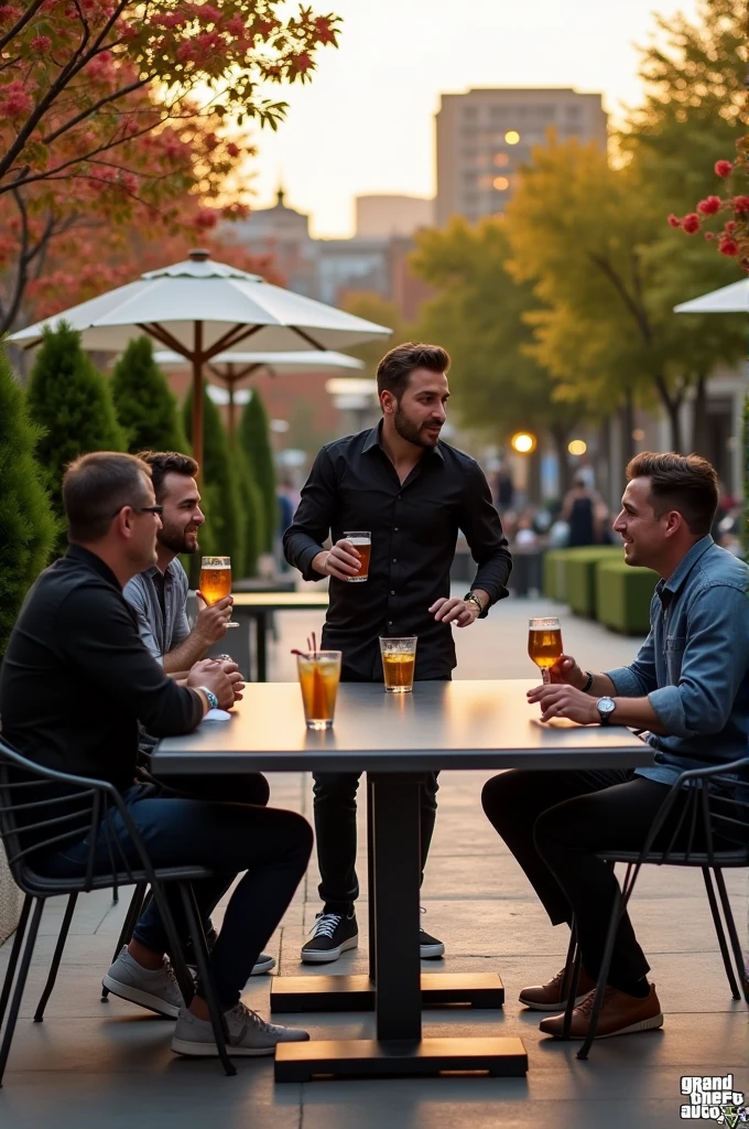A group of four men is sitting around a table outdoors, engaging in a conversation. The scene is set in a modern urban environment, with neatly trimmed bushes and trees in the background. One man, dressed in a black shirt, is standing while the others are seated. There are drinks on the table, and the overall atmosphere seems casual. The caption at the bottom of the image reads, "You didn't tell me we were double dating." The image has a watermark on the top right corner that says "GTASERIES.com".