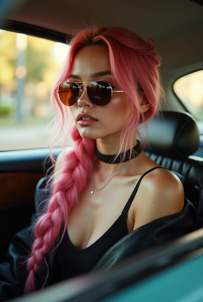 (Realisttic:1.2), analog photo style, Beautiful young woman, posing, with freckles and long pink hair braided, (modern ambient atmosphere), soft natural light, cute and sexy, great quality, Masterpiece, detailed strange background, better performance, 16k quality, RAW photo, sexy clothes, sexy choker, black choker, sitting in a luxury car, sunglasses, woman sunglasses, brown sunglasses