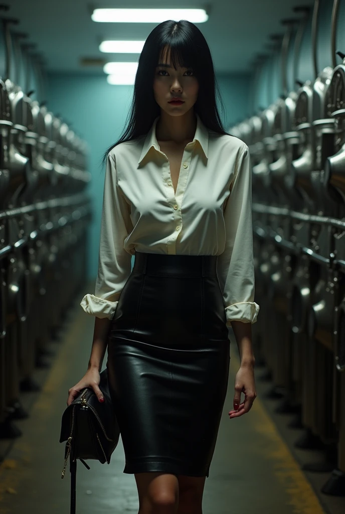 Japanese dominatrix wearing leather pencil skirt and white shirt. She is in a milking machine room. She holds a milking machine in her hand.