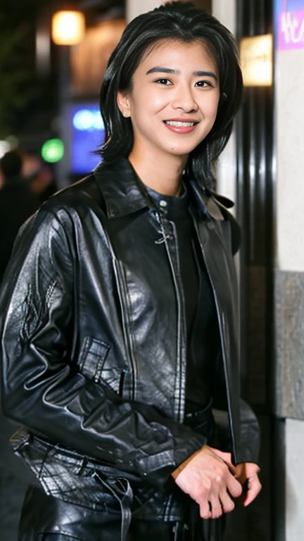 最high quality, 8k, Vibrant, Sharp focus, high quality, High resolution, Middle-aged women, Mature Woman, 55 years old, (Whole Body Ezbian), (High heels face detail, Highly detailed eyes, Plump figure、Plump face、((big 1.6))、(((Large Breasts)))、((Black leather clothing))、Busy Street、Random Hairstyles、A kind smile、(Leather Fashion、leather jacket、Leather skirt、boots、)、