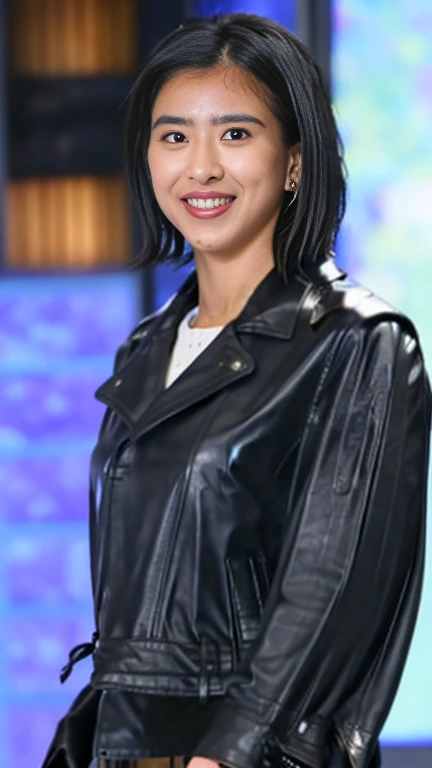 最high quality, 8k, Vibrant, Sharp focus, high quality, High resolution, Middle-aged women, Mature Woman, 55 years old, (Whole Body Ezbian), (High heels face detail, Highly detailed eyes, Plump figure、Plump face、((big 1.6))、(((Large Breasts)))、((Black leather clothing))、Busy Street、Random Hairstyles、A kind smile、(Leather Fashion、leather jacket、Leather skirt、boots、)、