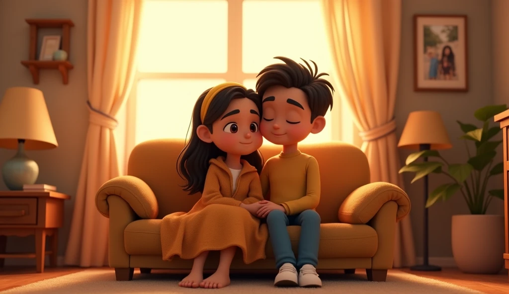 3D animation style, a young couple cuddling in a simple small room,The backdrop is simple furniture and warm lighting.,expressing their deep affection for each other and their uncomplaining acceptance of poverty.。
