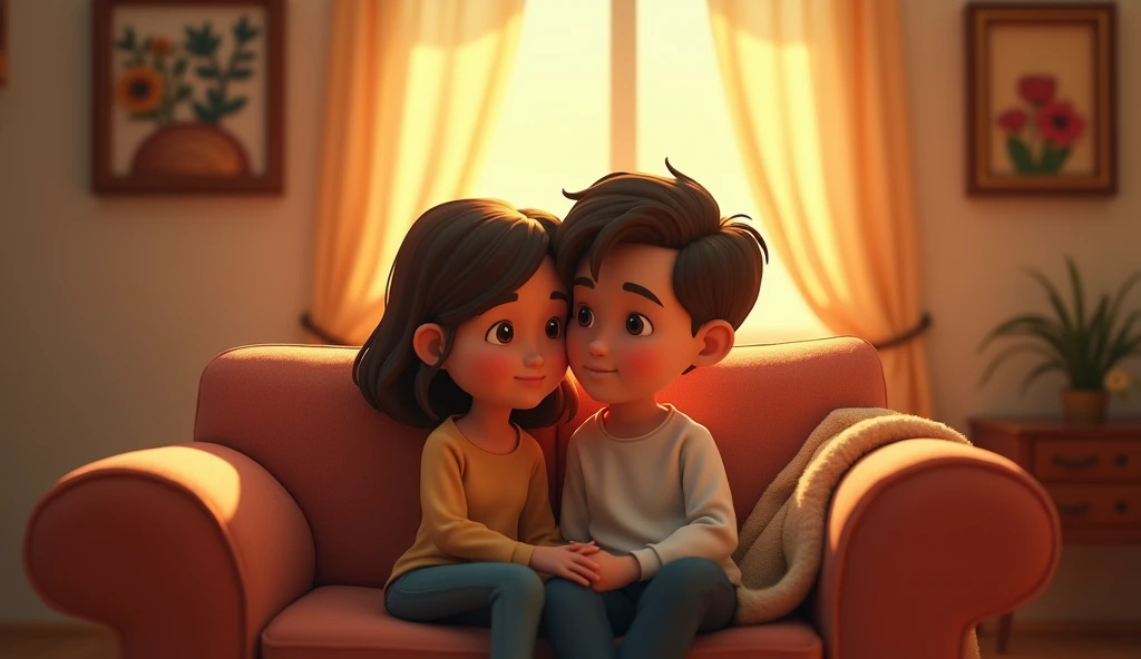 3D animation style, a young couple cuddling in a simple small room,The backdrop is simple furniture and warm lighting.,expressing their deep affection for each other and their uncomplaining acceptance of poverty.。