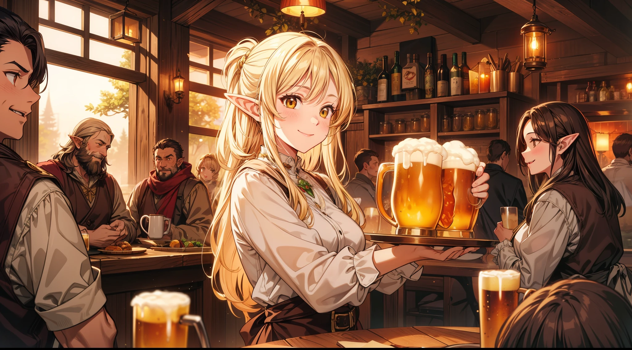 An illustrated scene set in a lively fantasy tavern at twilight. The focus is on a cheerful elf waitress, a young woman with long flowing hair and pointed ears, wearing a traditional tavern outfit. She is smiling warmly as she carries a large tray of mugs filled with beer, distributing them to a diverse group of patrons gathered around a round wooden table. The background shows a bustling tavern filled with various races, including humans, dwarves, and elves, all engaged in lively conversation. The setting is cozy, with a warm glow from lanterns and a large hearth, casting a soft, inviting light. The overall mood is vibrant yet warm, with a mix of soft browns, golds, and oranges to reflect the twilight hour.