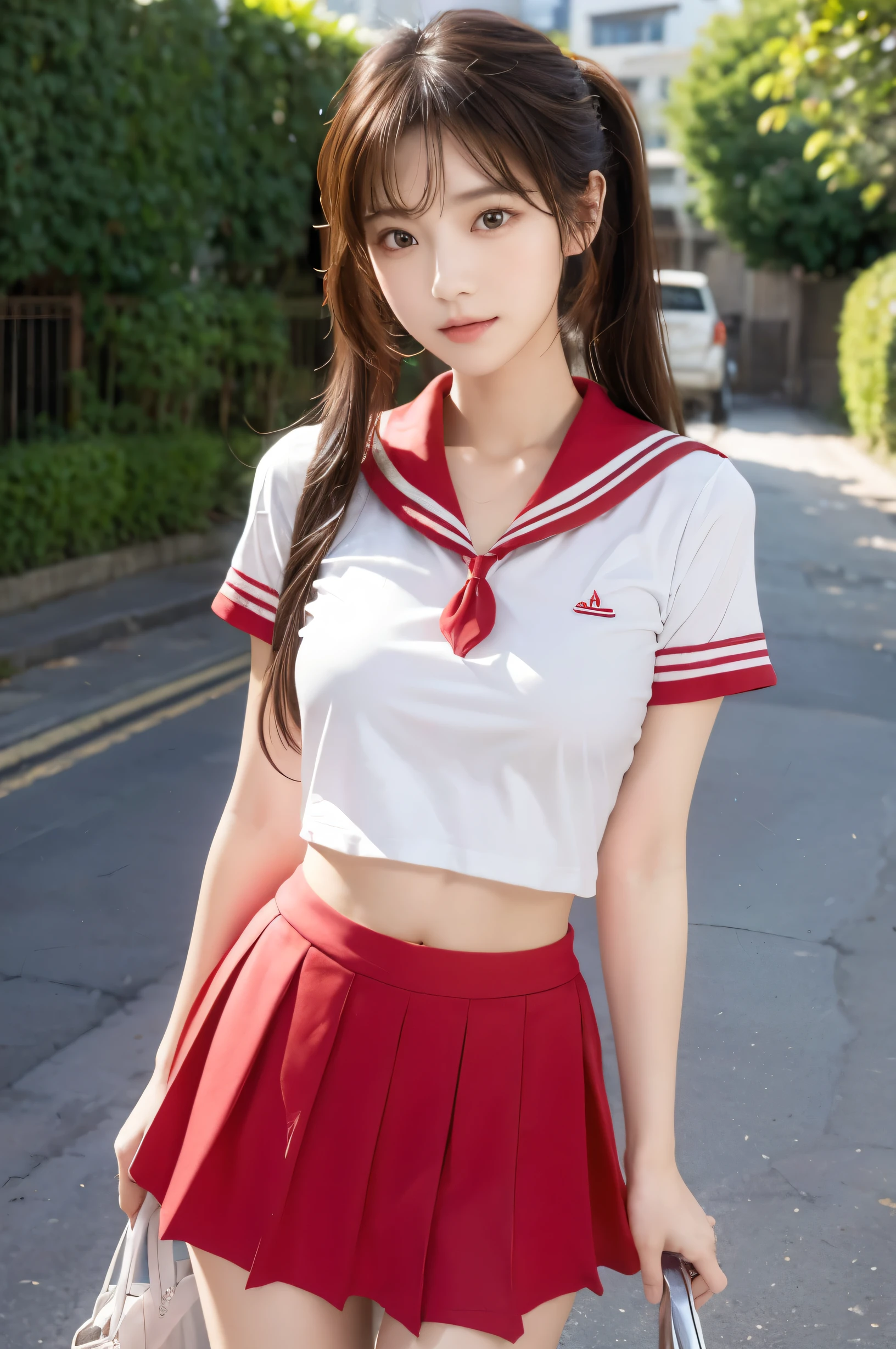 (Ultra HD), (Red sailor suit, Red short skirt), Big Breasts, slender, Narrow waist, (The belly button is visible:0.8), whole body, Standing posture, (Beautiful Skin, Shiny skin, White skin), (Super slim face, Super beautiful face, No makeup), (ponytail, Layered Cut, Fluffy hair), (double eyelid, Slanted Eyes), Small Nose, Thin lips, Thin legs, In front of the school gate