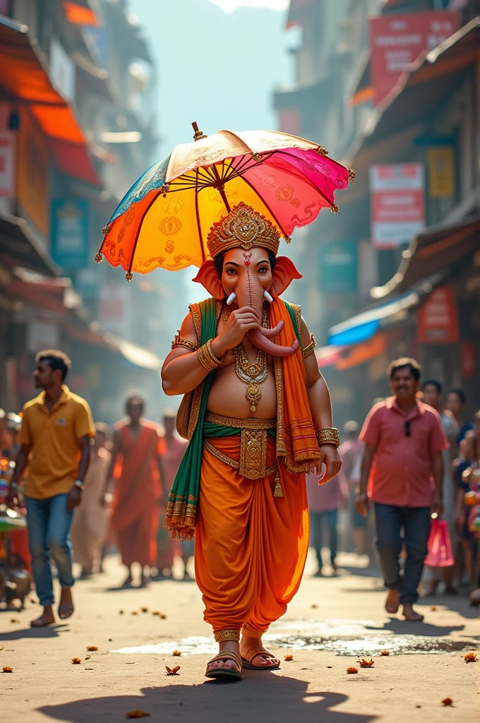 "Imagine Ganesh Ji, the revered Hindu deity, strolling down a bustling road. He holds a colorful umbrella in his hand, which contrasts with his traditional attire and the lively urban backdrop. The scene blends the divine with the everyday, showcasing Ganesh Ji's serene presence amidst the modern world."