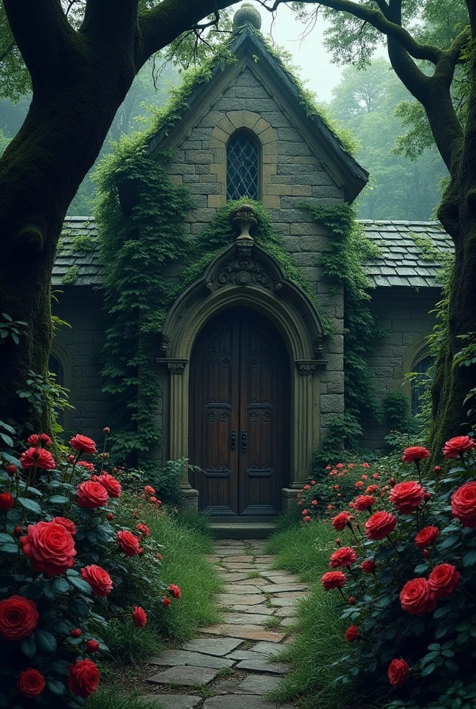 Draw a manor in a dark forest, There are roses near the entrance to the estate