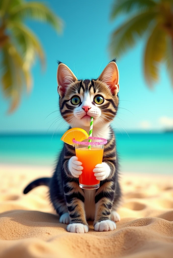 Voici une description pour une image générée :

Un chat tigré foncé à poils courts, avec le torse et les deux pattes avant de couleur blanche. Le chat est debout en train de boire un cocktail à la paille.  La mer se trouve sur un sable doré, avec des palmiers et un océan en arrière-plan, renforçant l’ambiance de vacances. 