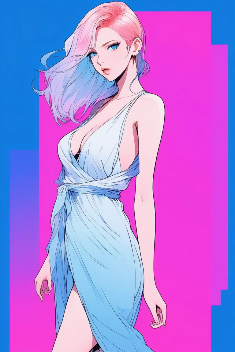 Illustrator, anime , Realistic ,sketch , 1 person, model, Age 25, lip, Sheer chiffon wrap dress, order, Blue gradient background, Neon Medium Hair, Big Breasts, look back, Sexy look, Texture Trim, Canadian, (masterpiece,Highest quality)