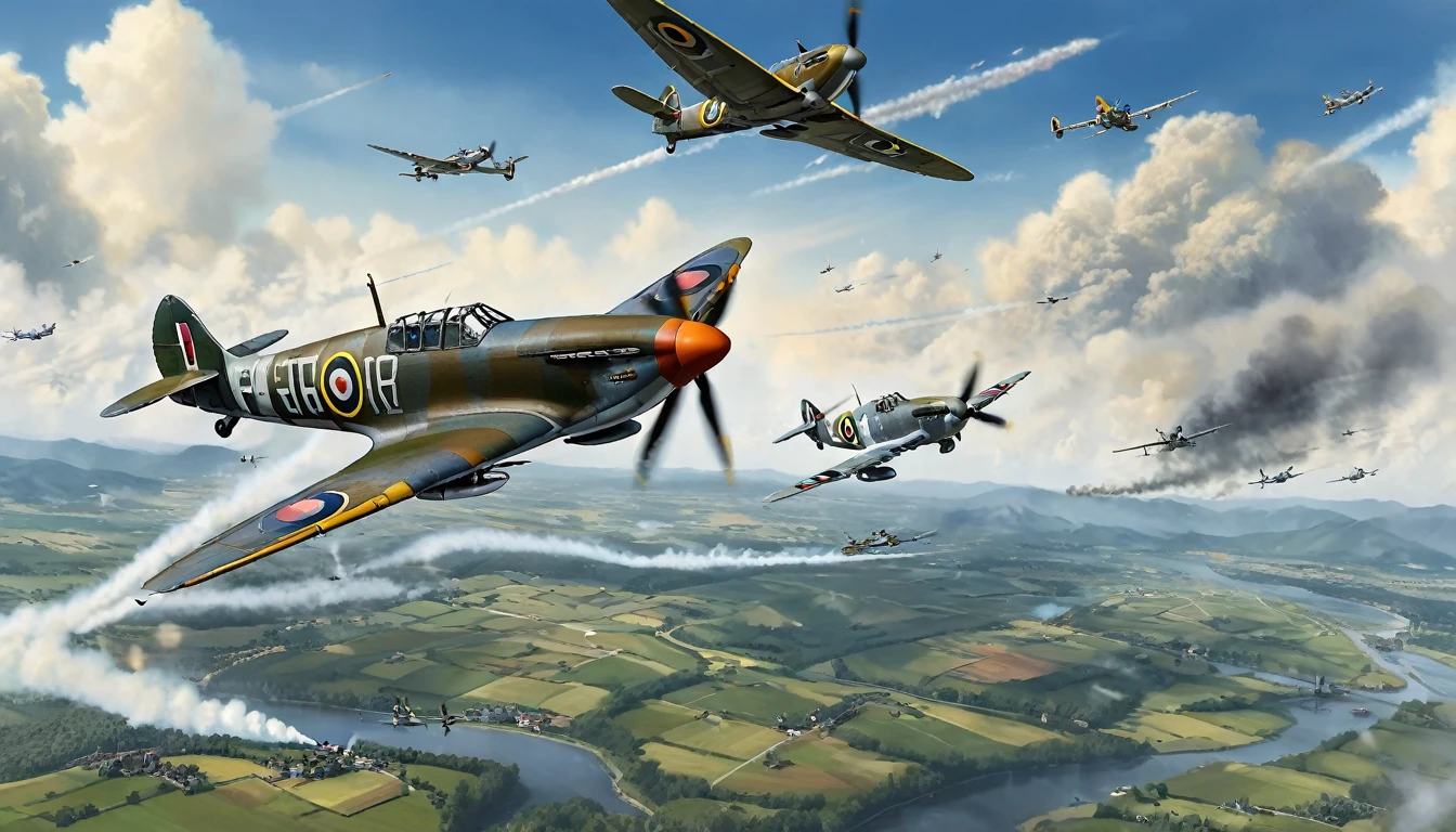 Create an ilustration in landscape position with dimensions of 210mm x 90mm depicting an aerial battle during World War II. In the center of the scene, show a British Spitfire fighter plane, with its distinctive markings and camouflage, performing an agile and bold maneuver while engaging several German Bf-109 fighter planes. The Bf-109s should be in attacking positions, with their typical Luftwaffe colors and markings. The sky should be dramatic, with clouds of smoke and tracer fire to indicate the intensity of the aerial combat. Include details like explosions and debris in the background to emphasize the ferocity of the battle. The setting can be a European landscape, such as a cloudy sky or a mountainous region in the distance. Make sure to capture the sense of speed and tension, with the planes in dynamic positions and the atmosphere charged with action and urgency.