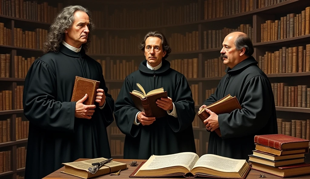 A historical illustration showing three prominent 17th century Puritans: John Owen, Richard Baxter e William Perkins, gathered in an austere library or office. John Owen is portrayed in black clerical attire and an intellectual posture, Holding a book. Richard Baxter appears in simple clothes and a thoughtful look, perhaps holding a manuscript or speech. William Perkins is dressed in modest clothing and holding a volume of his theological writings. The room in the background is decorated with antique bookshelves and a rustic wooden table., reflecting the intellectual and religious atmosphere of the time."