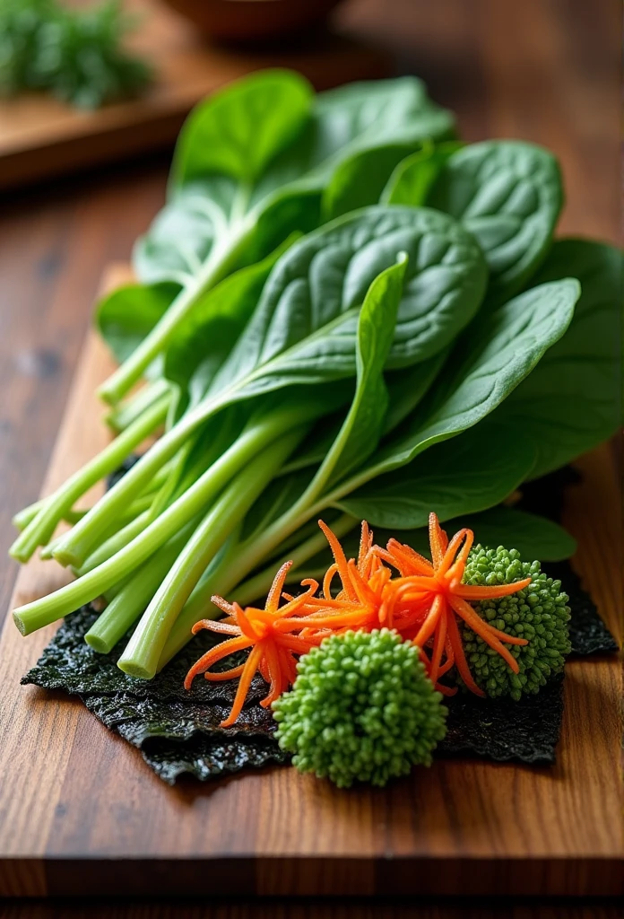 beautifully arranged spinach on a table,delicate stems with tender tips,crisp and fresh,artistic presentation,naturally vibrant colors,(best quality,4k,8k,highres,masterpiece:1.2),ultra-detailed,realistic:1.37,close-up details,textured green shoots,studio lighting,subtle shadows,aesthetic appeal,culinary inspiration,wholesome and healthy, there is a close up of a plate of food with greens, with seaweed, ❤🔥🍄🌪, yum, greens), orange and green power, yummy, seaweed, inspired by Masamitsu Ōta, ivy's, 🦩🪐🐞👩🏻🦳, close up of iwakura lain, vibrant foliage