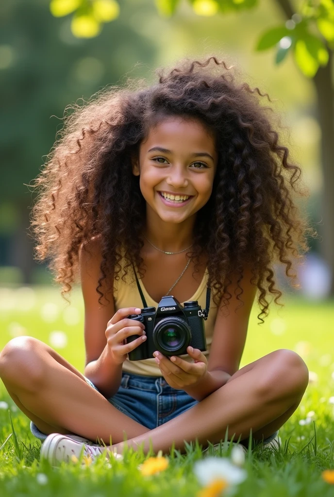 A brunette girl with curly hair and big breasts sits with her legs stretched out, taking a realistic photo