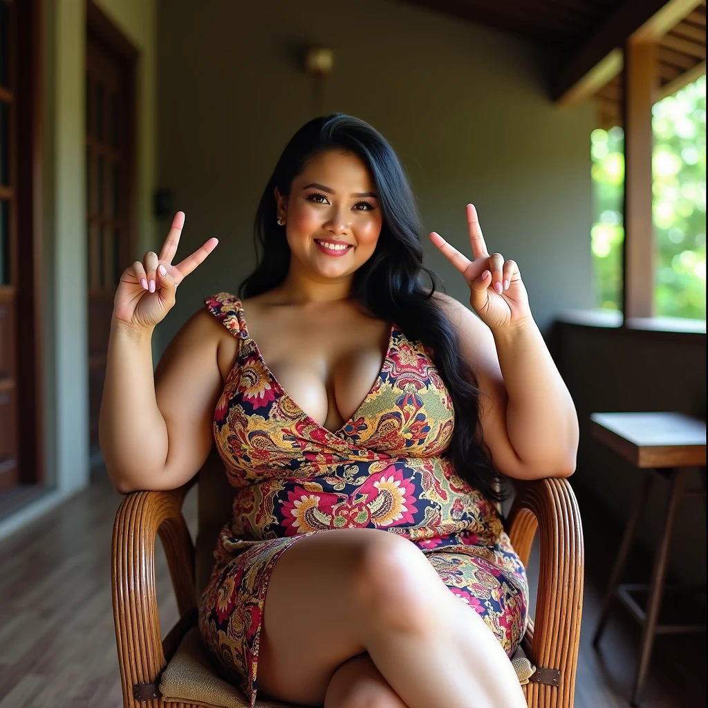 (hyperrealistic photo), exotic beautiful indonesian woman, plump, natural big breasts, knee-lenght sleevelesa batik housedress with intricate floral details, sit on rattan chair, sensual pose, naughty expression, showing peace sign with her finger,  looking at the viewer, natural light, wide angle full-body shot, indonesian village house in the background,