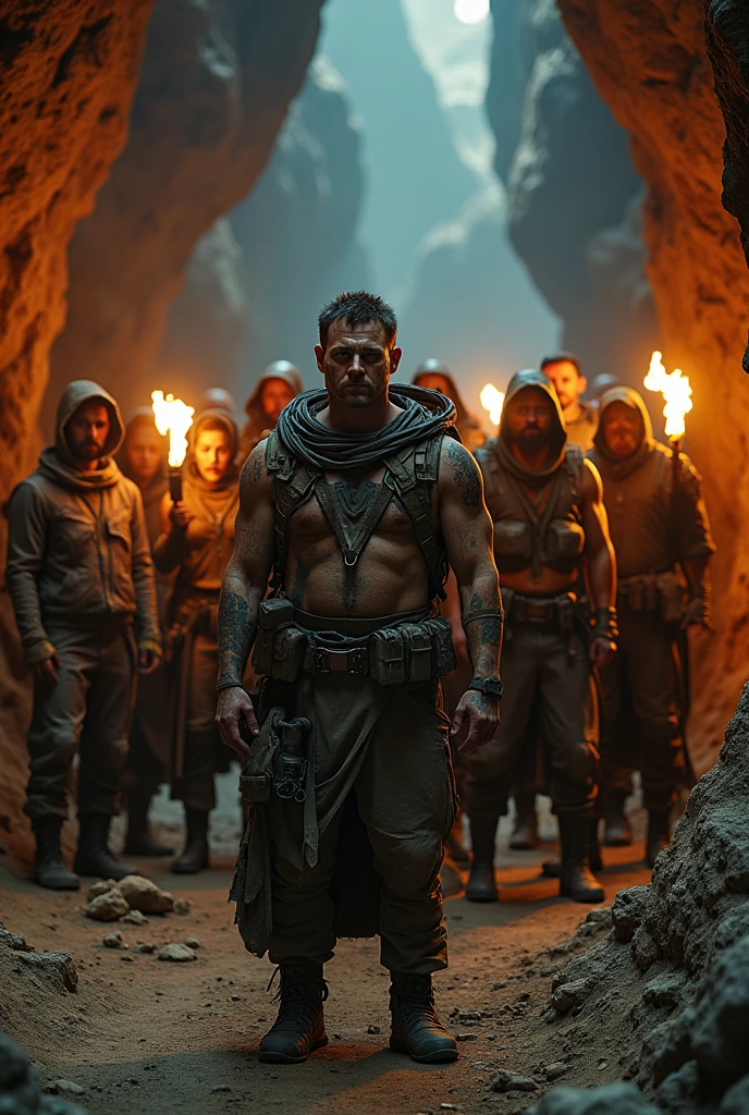 Many people in costume standing in a cave, Dune 2 0 2 1 Movie scene, Live-action movie scenes, Epic sci-fi movie stills, Real-life stills, From《Mad Max：Fury Road》, Mad Max 狂怒之路风格, Rick Baker style, Rick Baker, Mad Max风格, Mad Max：Fury Road 剧照
