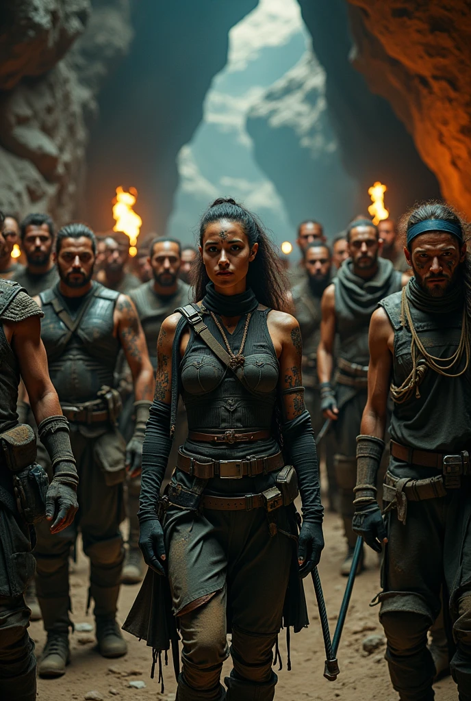 Many people in costume standing in a cave, Dune 2 0 2 1 Movie scene, Live-action movie scenes, Epic sci-fi movie stills, Real-life stills, From《Mad Max:Fury Road》, Mad Max 狂怒之路风格, Rick Baker style, Rick Baker, Mad Max风格, Mad Max:Fury Road 剧照