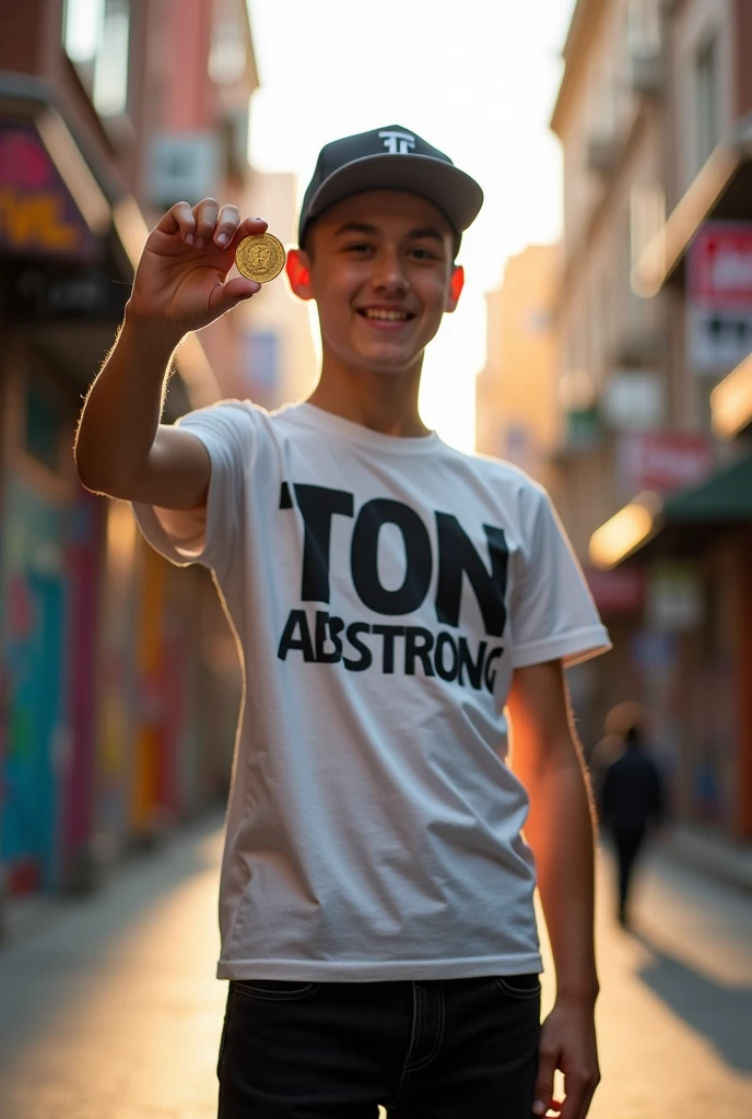 Use a boy of 24 years, wearing a cap and let the name TonAermstrong be written boldly at the middle of the shirt , the boy holding Toncoin on his hand and smiling and wearing a black gen trouser.