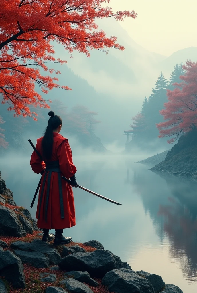 Create an image of a lone samurai standing on rocky terrain, facing away, holding a katana. The scene is set in a misty, tranquil Japanese landscape with a pagoda visible in the background. The samurai is dressed in traditional red armor and robes, with his hair tied in a topknot. The environment is filled with vibrant red autumn leaves on trees, reflecting in a calm body of water. The overall mood should be serene yet intense, with soft light filtering through the mist, creating a balance of light and shadow