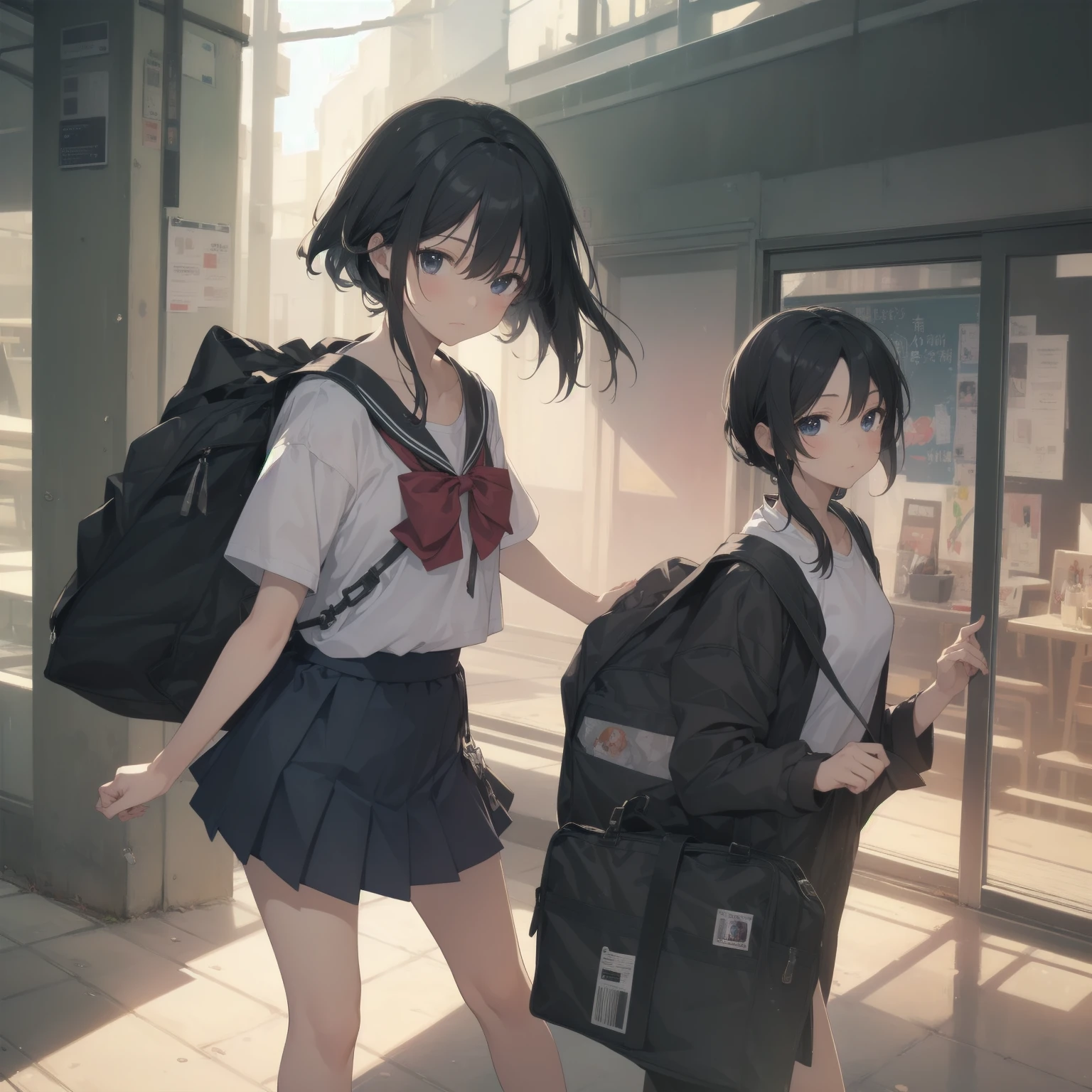 ultra-absurdres-Top quality by artist God, ultra-detailed, high resolution, anime moe artstyle, best anime 8k konachan wallpaper, pixiv contest winner, pool:2810, perfect anatomy,break, 1girl, (Please draw a girl walking sleepily to school alone. )break,(Solo,little female, 13-year-old:1.3),Full limbs, complete fingers,a junior high school student, (very short hair), short cut, flat chest, , small butt, small black eyes, beautiful detailed eyes, well-proportioned iris and pupils, expressive eyes, highres detailed hair, soft expression, salor school_uniform, sailor collar, serahuku, bow, pleated skirt,(Detailed Lighting), (Detailed background), in the School commute route. break,super detailed skin, Best cinematic lighting powered by famous artist, 8k,beauty illustration,photoshop_(medium),very aesthetic,break,((artist:izumi_tsubasu )), artist:clamp ,artist:carnelian ,artist:kantoku ,
