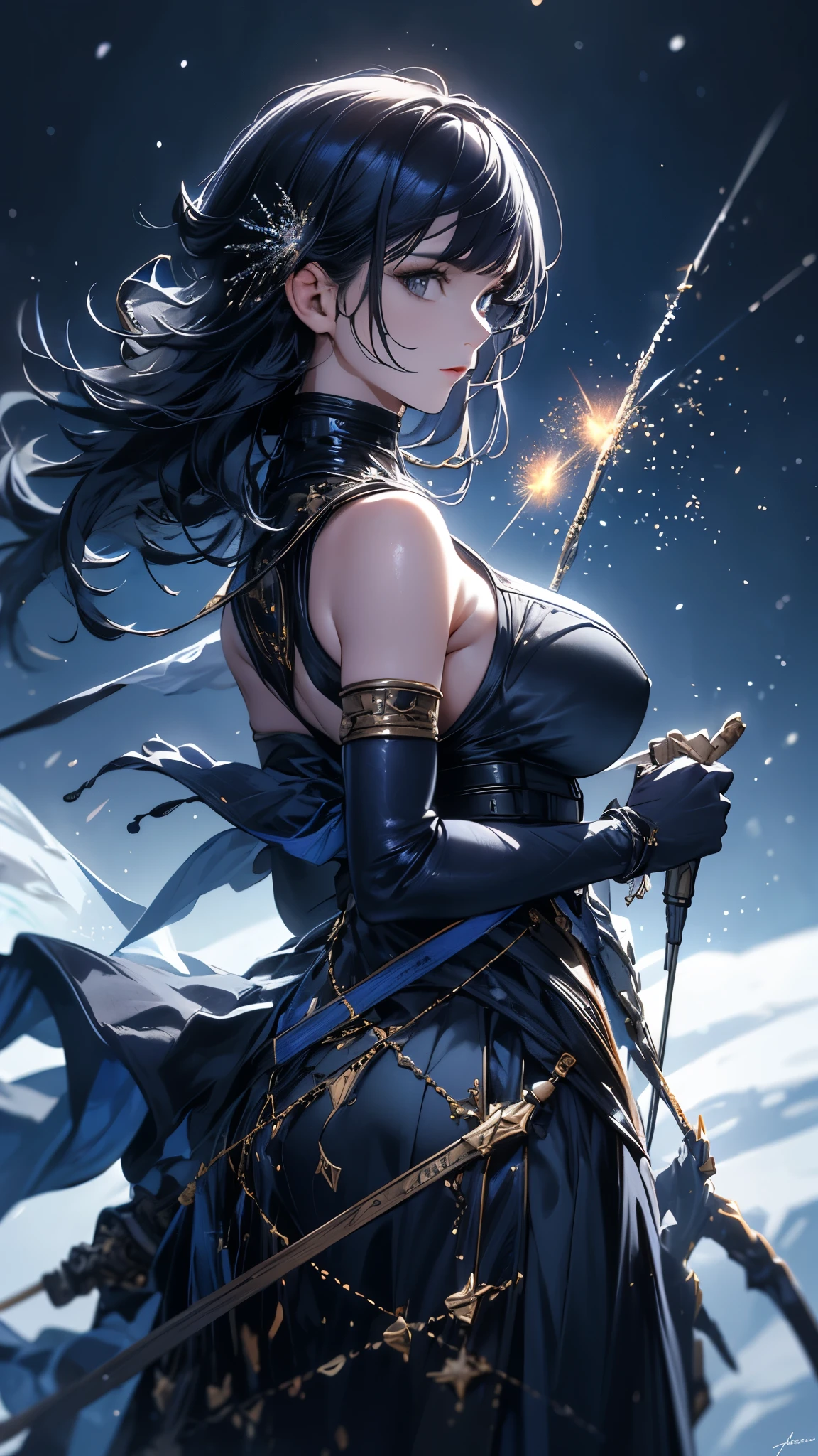 masterpiece, high quality, 4K, Beautiful design, silhouette,bionde, Highly Detailed Starry Sky at Night,Cold ice world, wonderful, Finer details, Very knowledgeable woman, Highly detailed solo, 1 female,Big Breasts,Butt Emphasis,High-neck dress,Sleeveless,Night view,Starry Sky,full moon,firework,