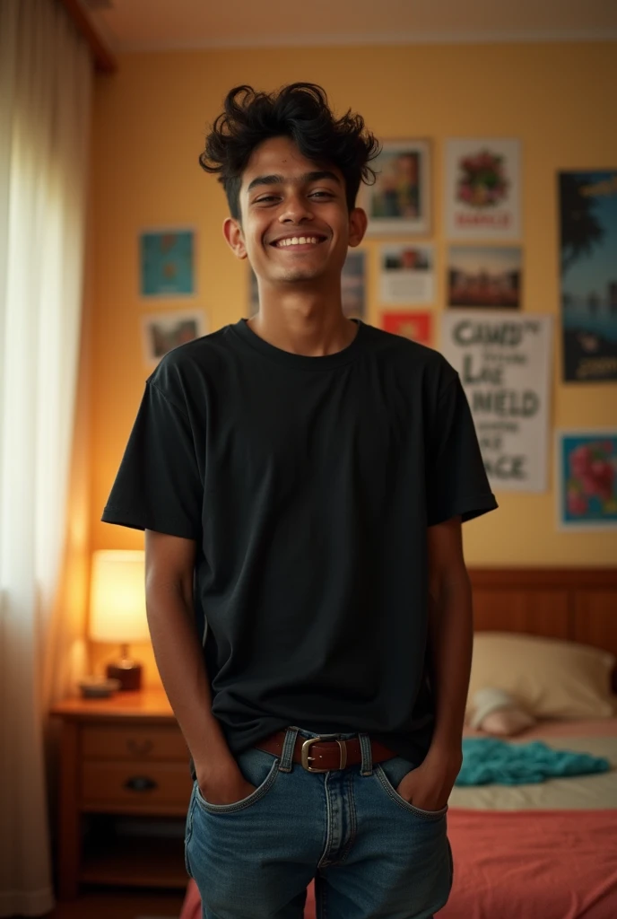 A cute 20 years old indian boy taking selfie in room , simple pose , rough dry face skin , full body view , black tshirt