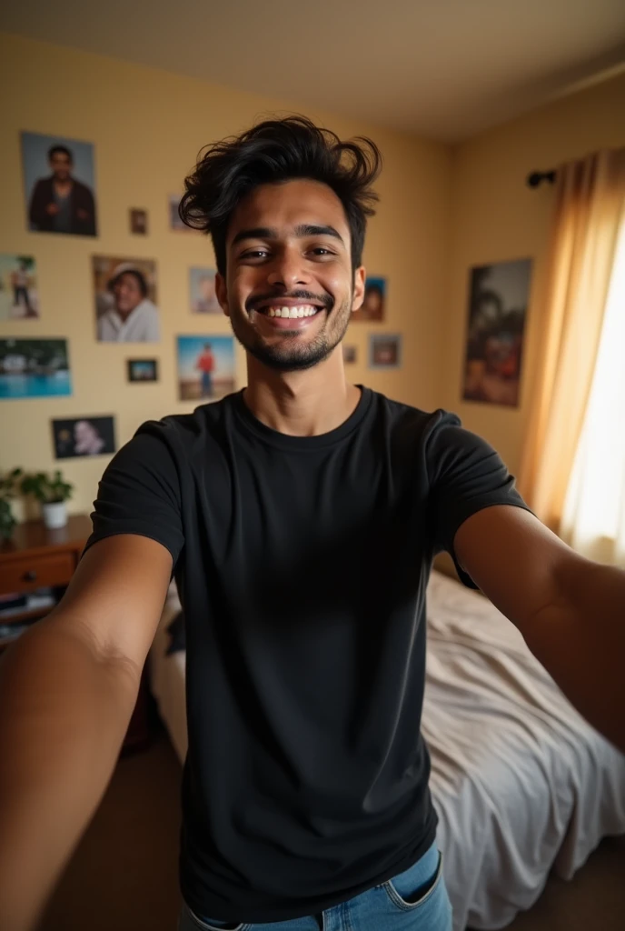 A cute 20 years old indian boy taking selfie in room , simple pose , rough dry face skin , full body view , black tshirt 