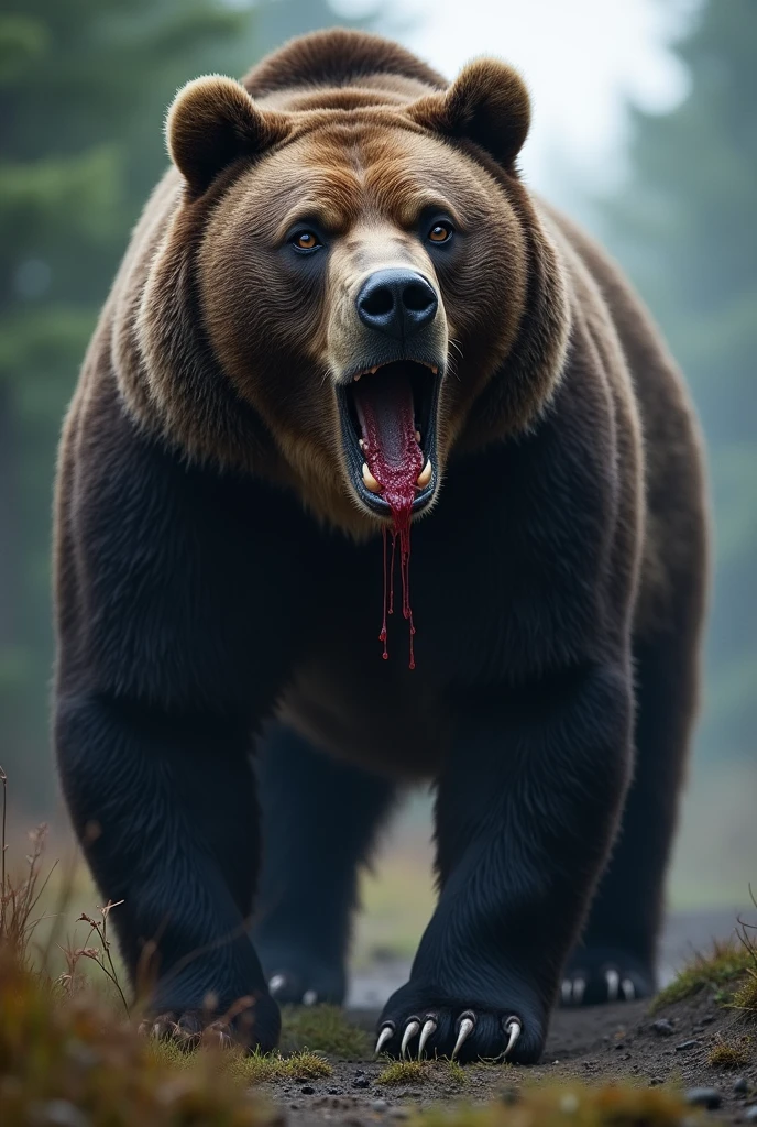 ((Highest quality, 8k, masterpiece :1.3)), 1. Giant Brown Bear , cannibalism, Bloodshot, ferocious eyes , Eating humans , That&#39;s horrible, Strong body , Grabbing and biting a human , Black body hair ,  background：Hokkaido forests