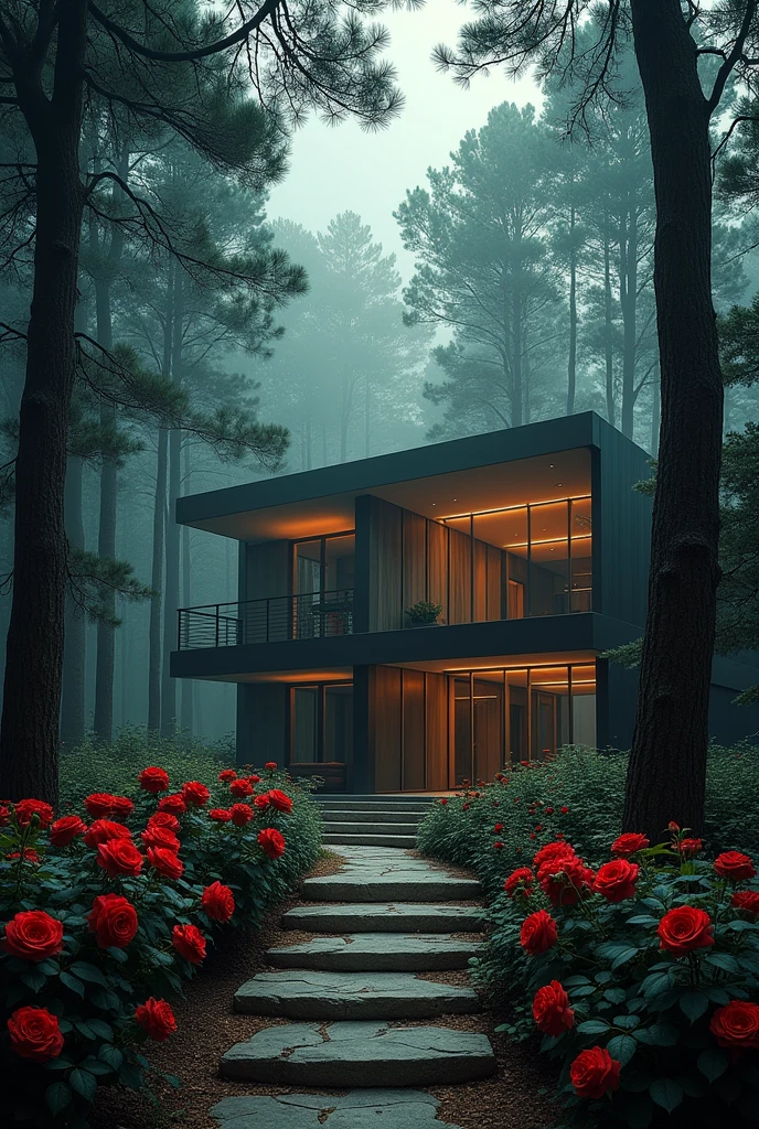 Draw a modern mansion in a dark forest, There are roses near the entrance to the estate