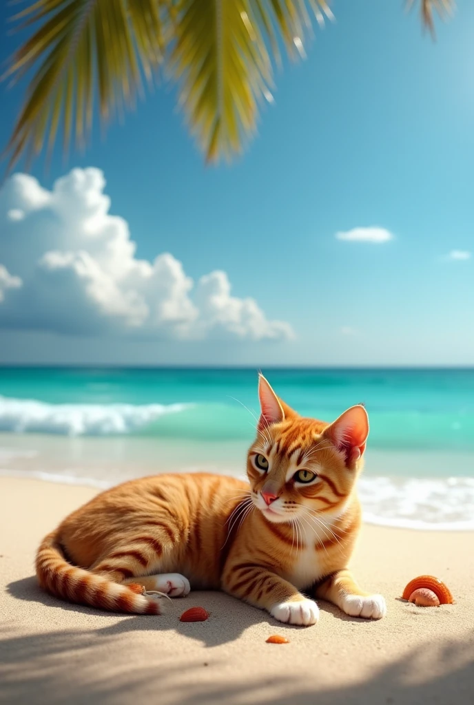 Voici une description pour une image générée :
Un chat tigré foncé à poils courts, avec le torse et les deux pattes avant de couleur blanche. Le chat est en train de se mettre de la crème solaire sur le corps. La mer se trouve sur un sable doré, avec des palmiers et un océan en arrière-plan, renforçant l’ambiance de vacances.