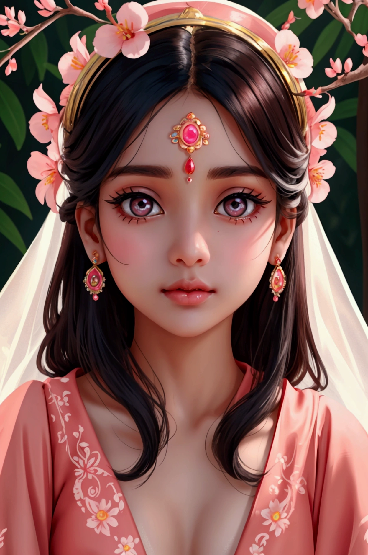 Beautiful and charming Indian woman、Half-body photo、Attractive oval face、double eyelid、Bright peach blossom eyes、Pink Lips、Small Nose、Concentrated face、Face close-up、Ultra-high resolution、Super detailed、Graceful posture、Red Cape。