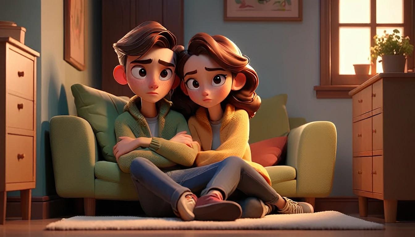 3D animation style, a young couple cuddling in a simple small room，The backdrop is simple furniture and warm lighting.，expressing their deep affection for each other and their uncomplaining acceptance of poverty.。