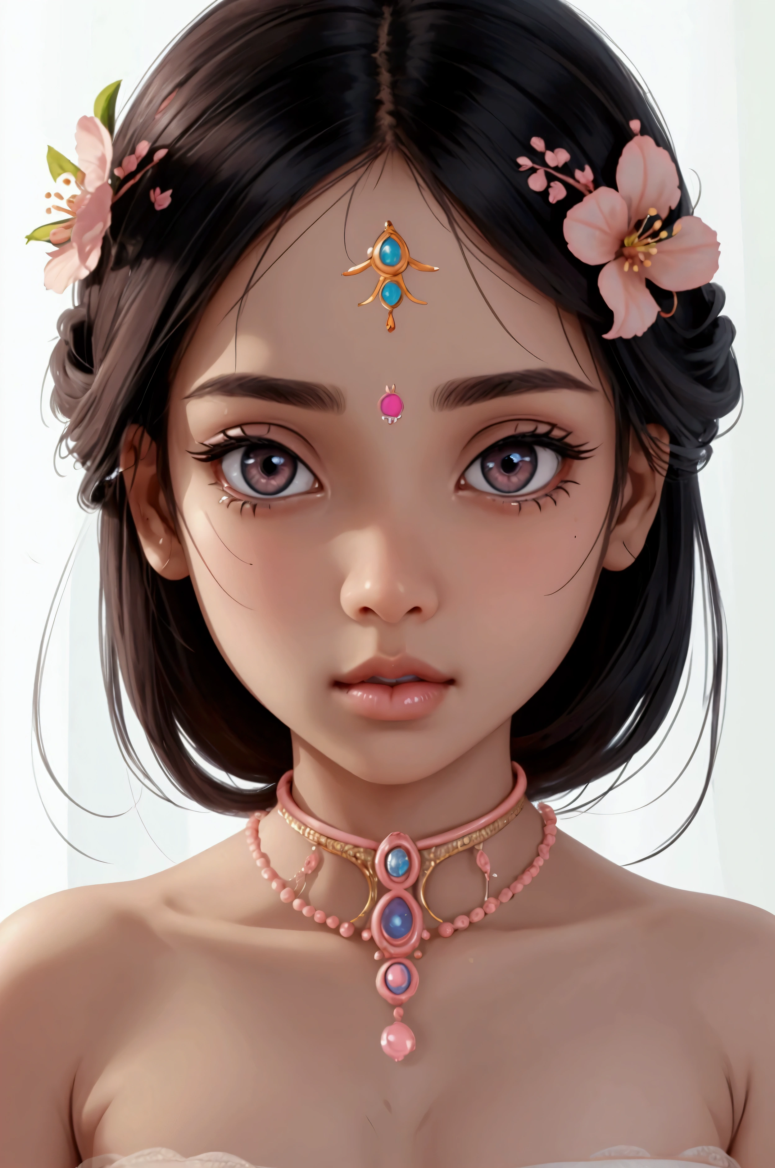 Beautiful and charming Indian woman、Half-body photo、Attractive oval face、double eyelid、Bright peach blossom eyes、Pink Lips、Small Nose、Bare shoulders、Concentrated face、Expressionless、Face close-up、Ultra-high resolution、Super detailed、Graceful posture、Pure white room、Robot before startup、Lots of code connected。
