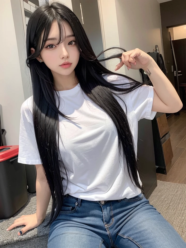 A cool person, beltｔShirtBlack Hair, Colorful Hair, Long Hair, jeans