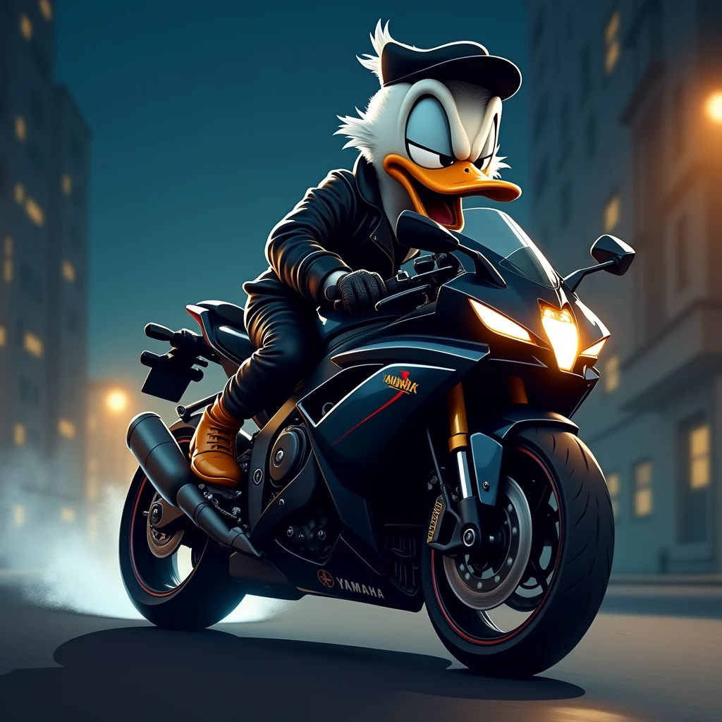 Donald Duck, a gangster on a black Yamaha R1 motorcycle, angry at night 

