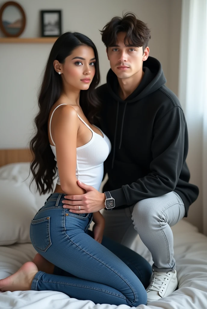 A beautiful russian girl with blue eye and korean black hairstyle on head with big hips and big breasts she wears white  top, tight deep blue jeans in the pose of doggy with a handsome boy, he wears black hoodie,grey jeans,and white sneakers,smartwatch on wrist boy touch her hips on bed in the background white wall and photo frames. 3d