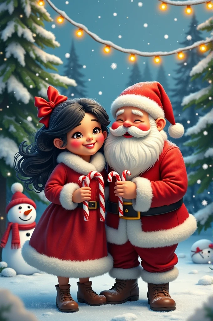 Santa Claus with his chubby wife black hair candy canes snowman snowflakes