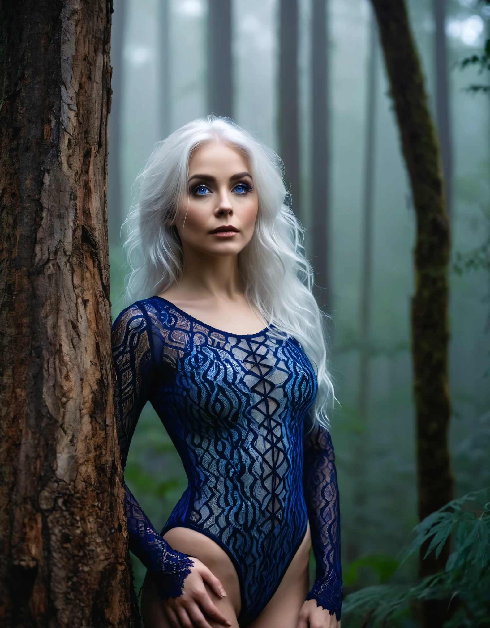 The beautiful woman is deep within a dense forest, her thick white hair blending with the misty atmosphere, and her intense blue eyes piercing through the fog. She wears a dark lace bodysuit, the intricate patterns standing out against the natural backdrop. The photo is taken from a low angle, with her standing amidst tall trees, one hand resting on a tree trunk, her expression enigmatic.