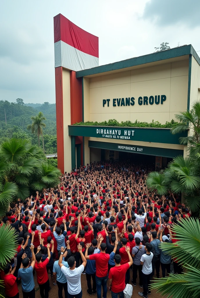The office is located on a palm oil plantation, The office is clearly visible, cream at the top and dark green at the bottom, and there is a large monument visible, red at the top and white at the bottom, The entrance to the office has a clear inscription of PT EVANS GROUP at the bottom and DIRGAHAYU HUT 17 AGUSTUS KE- 78 MERDEKA at the top, There are staff and local residents visible beneath the monument who are enthusiastically celebrating Independence Day, This picture looks very real and realistic.