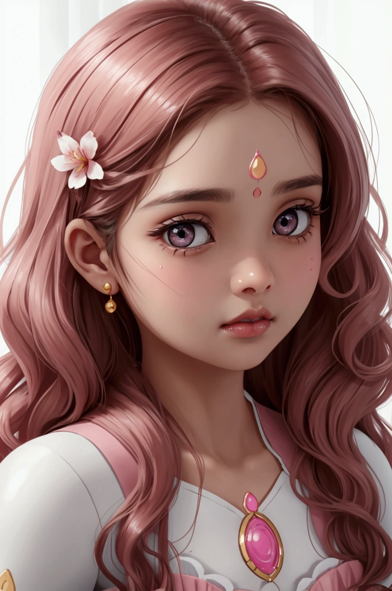 Beautiful and charming Indian woman、Half-body photo、Attractive oval face、double eyelid、Bright peach blossom eyes、Pink Lips、Small Nose、Wavy Hair、Concentrated face、Expressionless、Face close-up、Ultra-high resolution、Super detailed、Graceful posture、Pure white room、Robot before startup、Lots of code connected。